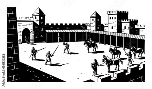 Medieval castle courtyard where armored knights practice swordplay and horsemanship, historical training scene in black-and-white vector