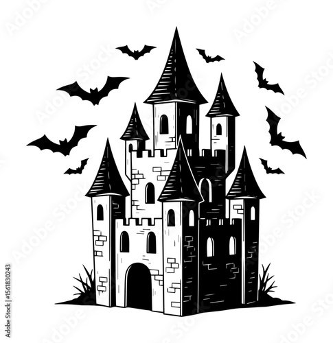 Spooky gothic castle with tall pointed towers and swirling bats, haunted Halloween scene in detailed black-and-white vector illustration