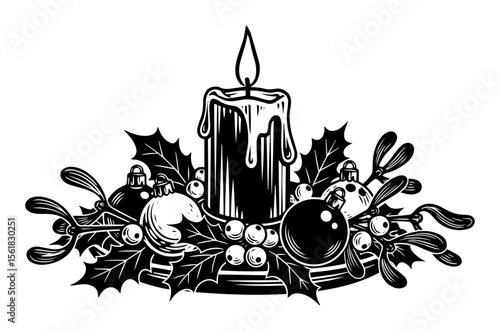 elegant holiday vector with a burning candle, mistletoe, baubles and holly leaves – perfect for christmas cards, packaging or seasonal posters