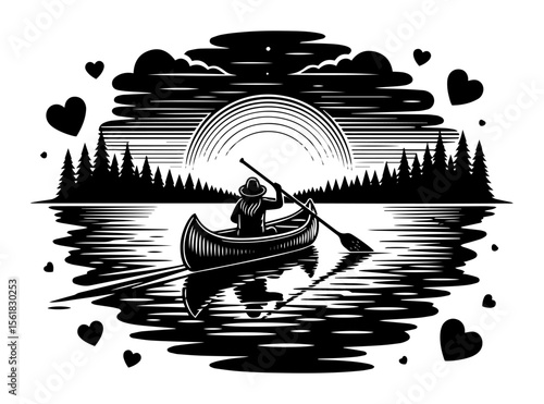 romantic black and white vector of a canoeist on a lake at sunset with heart symbols – ideal for love-themed gifts, travel blogs or adventure branding