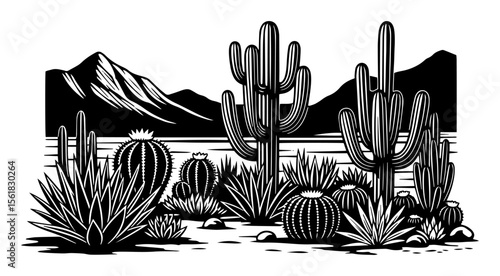 detailed desert landscape with various cacti and distant mountains, vintage black and white style – great for western themes, eco packaging or educational maps