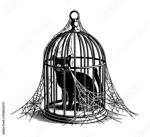 Mysterious black cat trapped in cobwebbed birdcage, gothic concept rendered as intricate black-and-white vector