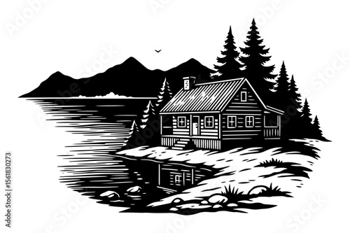 Rustic lakeside cabin with pine forest and mountain backdrop, tranquil landscape in detailed black-and-white vector illustration