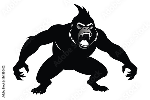Fierce aggressive gorilla illustration with sharp teeth and threatening pose in black and white silhouette