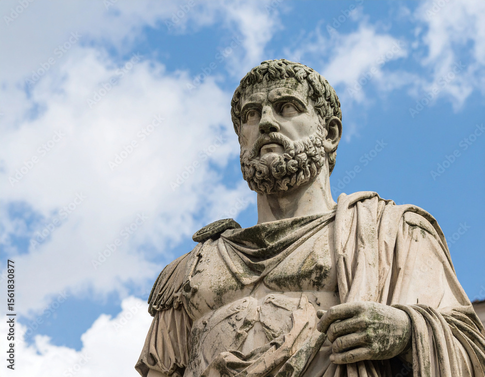 Fototapeta premium A majestic ancient stone statue of a bearded man stands against a backdrop of a bright blue sky with fluffy clouds.