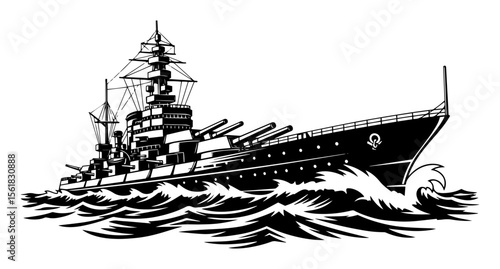 Battleship at sea vector engraving – heavy warship cutting through ocean waves during patrol