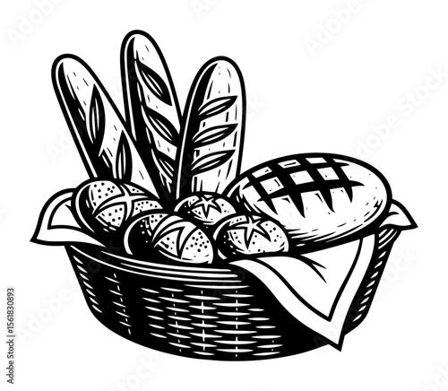 Bread basket vector engraving – wicker hamper with baguettes, rolls and round loaf covered by cloth