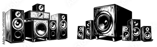 stereo speaker system with subwoofers and tweeters, audio equipment design