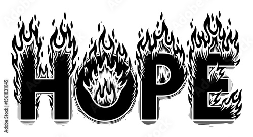 hope text on fire black and white vector