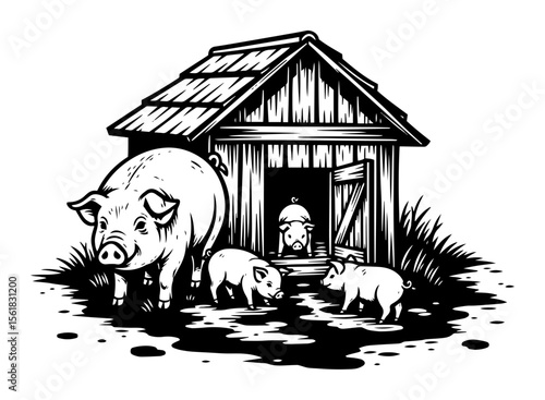 black and white vector of pigs and piglets near old wooden barn, rural farmyard vintage scene