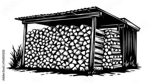 stacked logs under shed vintage drawing vector