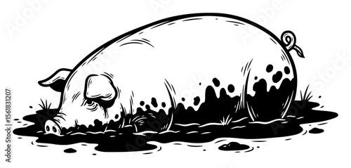 pig wallowing in mud black and white vector
