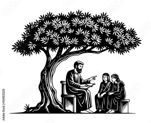 Teacher with children under tree vector illustration