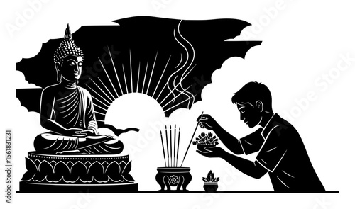 Man making offering to Buddha vector illustration