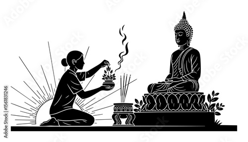 Woman praying in front of Buddha statue vector