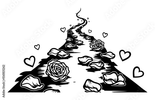 Love trail made of roses and hearts – monochrome illustration for Valentine’s Day