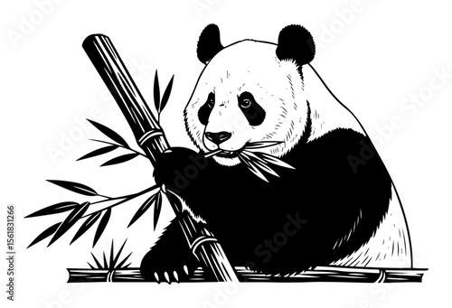 Vector panda eating bamboo in black and white style