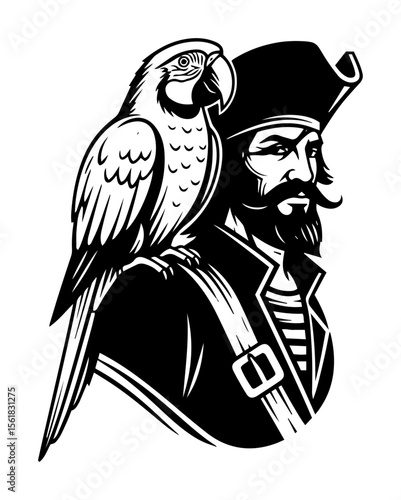 pirate with parrot black and white vector