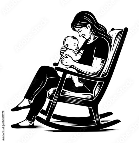 mother holding baby in rocking chair, black and white retro vector illustration