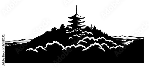 Japanese pagoda on hill black and white vector