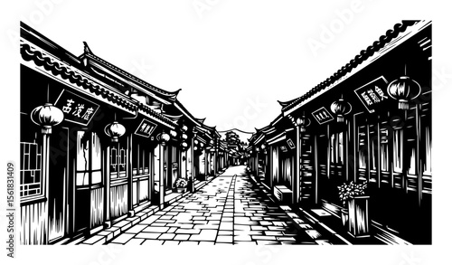 Traditional Chinese old town street vector engraving – narrow alley lined with lantern-lit wooden shops