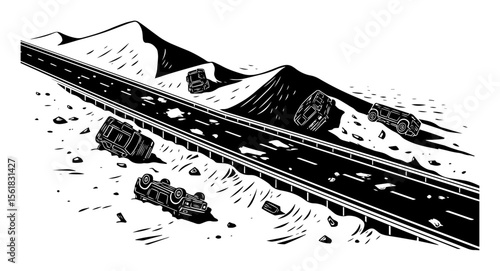 Ruined mountain pass highway vector engraving – wrecked vehicles scattered along cracked asphalt route