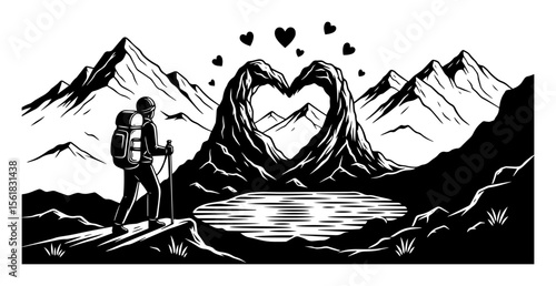 Heart-shaped mountain peaks vector illustration – backpacker admiring romantic alpine landscape by lake