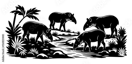 Tapir family vector engraving – three tapirs drinking at jungle creek among tropical plants