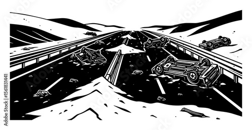 Post-apocalyptic highway vector illustration – overturned cars and debris littering abandoned desert road