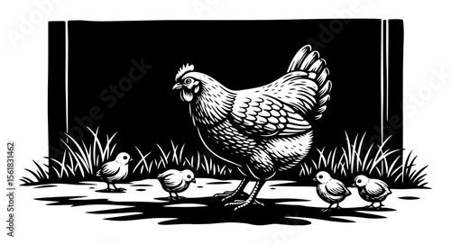 Hen with chicks vector illustration – mother chicken leading fluffy babies through grass on sunny barnyard