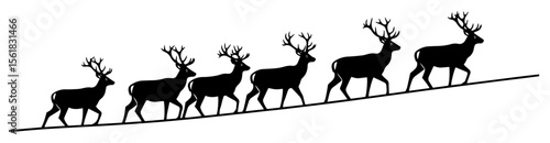 Reindeer herd silhouette vector – line of walking deer with antlers crossing snowy tundra horizon