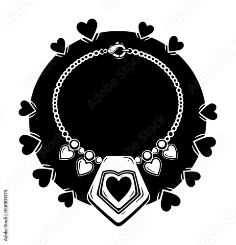 Heart charm necklace vector illustration – elegant chain with hexagonal locket and dangling heart pendants, romantic jewelry design in monochrome silhouette