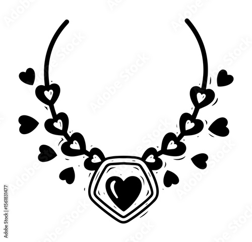 Heart pendant necklace vector illustration – stylish collar with multiple heart charms and central gemstone locket, romantic love jewelry line art