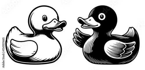 Obraz na plátně set of two rubber ducks – black and white vector illustration