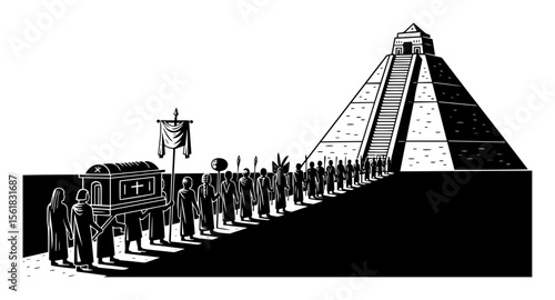 Mysterious ceremonial procession toward a pyramid, with figures carrying an object, drawn in dramatic black and white with cultural and historical overtones