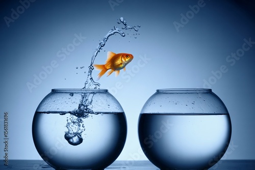 Goldfish jumping from one fishbowl to another with splash, symbolizing change, freedom, success.