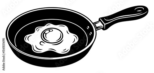 Simple black and white illustration of a fried egg cooking in a frying pan, perfect for kitchen, food, and breakfast-related themes