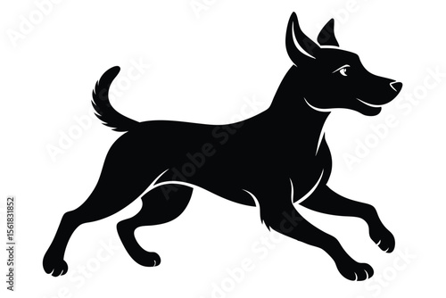 Silhouette of a playful dog in mid-action run, designed in a bold black and white graphic style