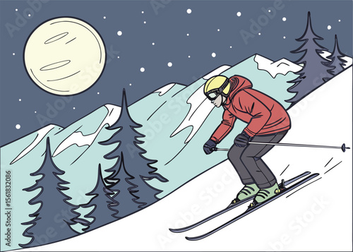 Skiing in the mountains. Vector illustration in trendy flat style with skier in red sports suit, skiing downhill on the snow mountains landscape background.