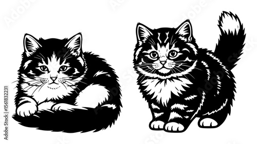 Cute kittens vector illustration – pair of fluffy tabby cats sitting together with big curious eyes, adorable pet duo drawing