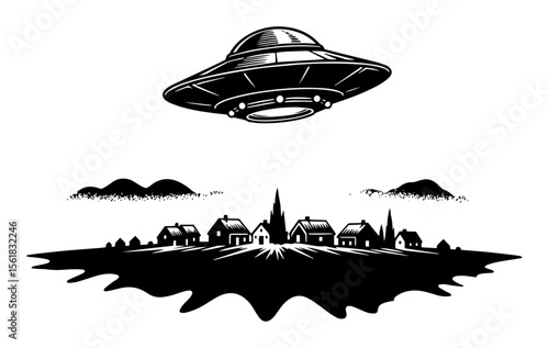 UFO over small town vector engraving – flying saucer hovering above rural skyline with lights, mysterious alien spacecraft invasion scene