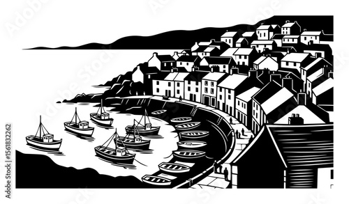 Cliffside Fishing Town Panorama Vintage Vector