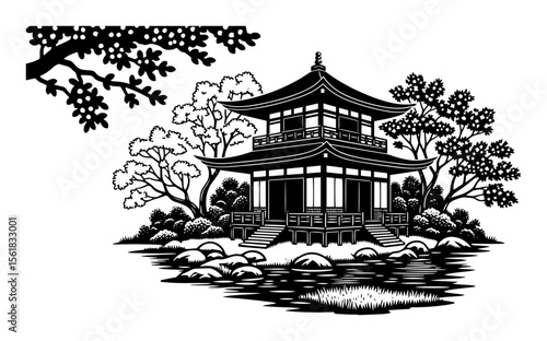 Japanese tea pavilion garden vector illustration – elegant pagoda by koi pond with bonsai and cherry blossom trees, tranquil zen landscape