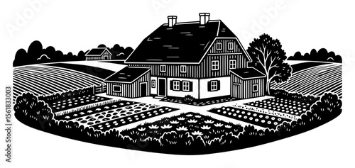 Farmhouse and fields vector engraving – charming rural barn amid neatly planted crop rows and rolling countryside, agricultural scene