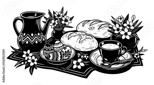Easter breakfast still life vector engraving – decorated eggs, braided bread, floral jug and tea on rustic cloth, festive spring holiday food composition