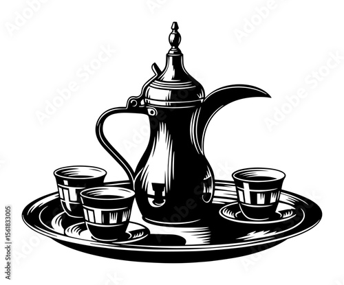 oriental coffee pot with three cups on a tray, traditional black and white vector