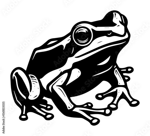 black and white vector of a stylized frog sitting, detailed amphibian illustration
