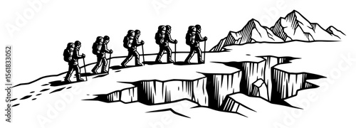 Hiking adventure vector illustration – group of backpackers trekking along cliff edge toward snowy mountains, exploration and teamwork concept