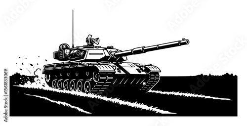 armored tank moving across battlefield in black and white vector