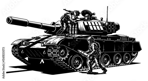 Modern battle tank vector engraving – heavy armored vehicle with soldier crew preparing for combat, detailed military machinery illustration
